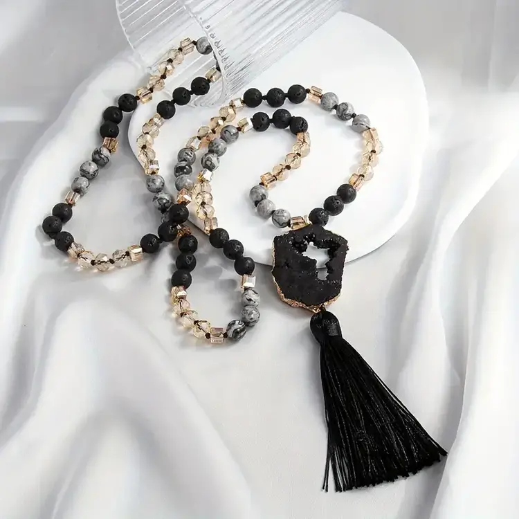 Long Tassel Pendant Necklace - Black