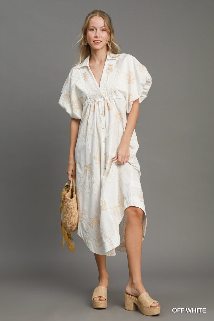 Umgee Palm Tree Embroidered Midi Dress Off White S