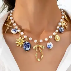 Handmade Ceramic Pendant Necklace with Blue Floral Cross, White Star & Golden Bow Charms