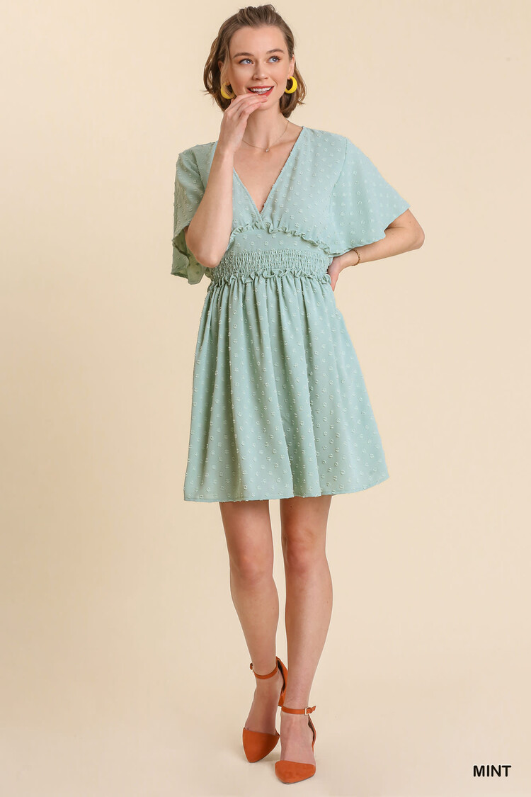 Umgee Woven Smocked Short Ruffle Sleeve V-Neck Tiered Dress Mint L