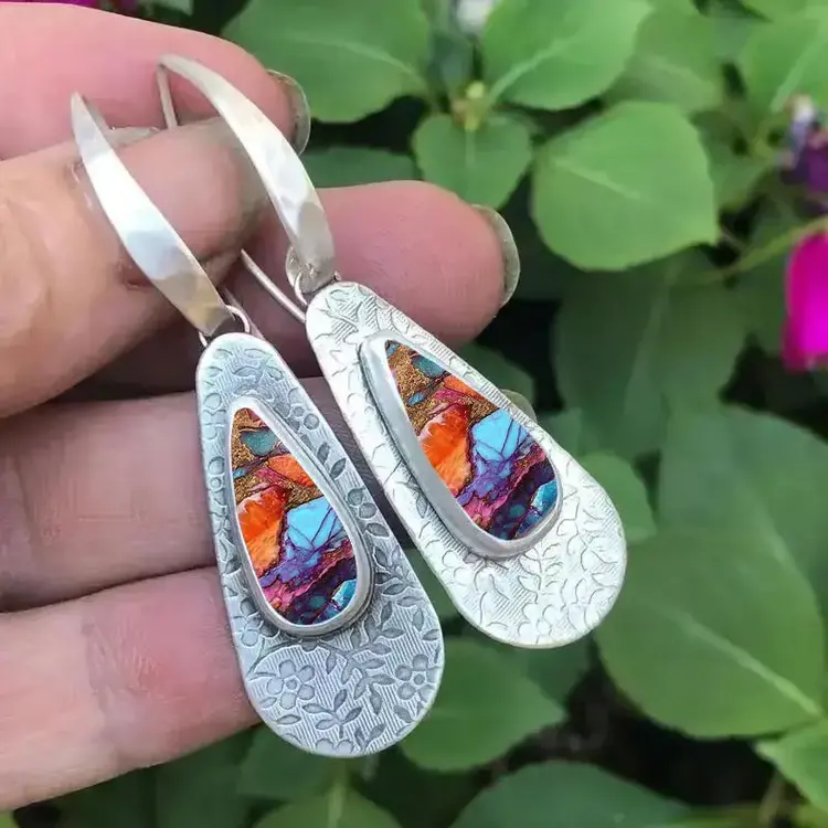 Silver Leaf Pattern w/stone Earrings - Orange