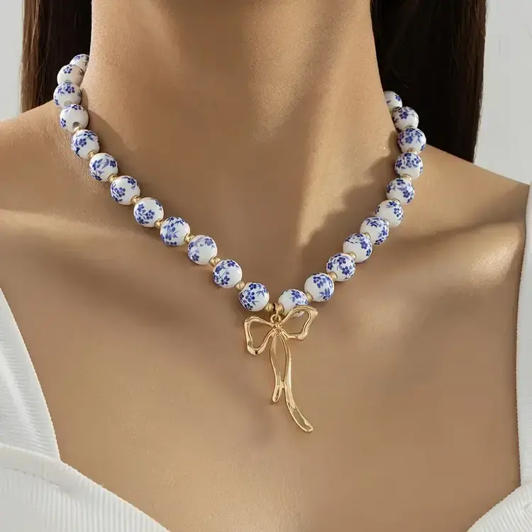 Porcelain Beaded Necklace with Floral Patterns