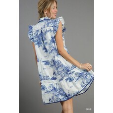 Umgee Two Tone Landscape Print Mini Dress with Ruffle Sleeves & Contrast Piping Blue M