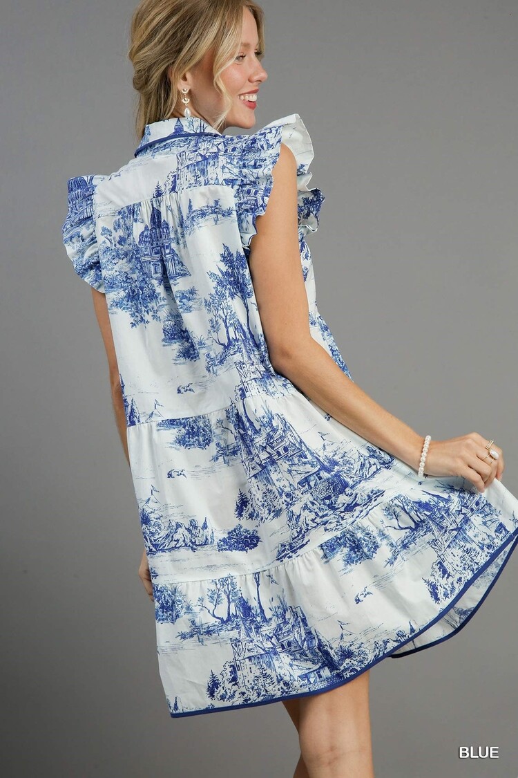 Umgee Two Tone Landscape Print Mini Dress with Ruffle Sleeves & Contrast Piping Blue M