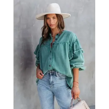 Button Down Denim Jacket Green L