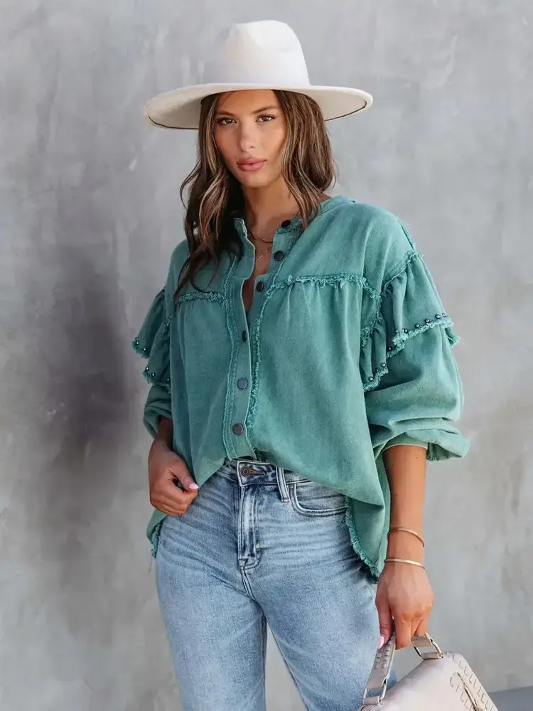 Button Down Denim Jacket Green L