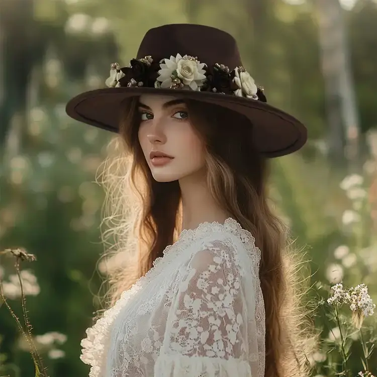 White and Dark Brown Floral Cowboy Hat