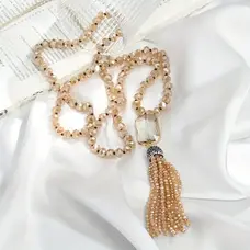 Long Bead Tassel Necklace - Beige