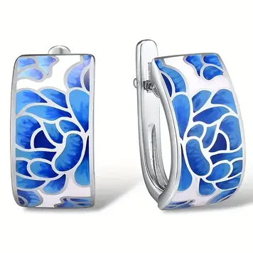 Vintage Blue and White Porcelain Floral Hoop Earrings