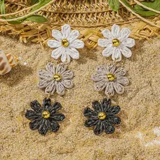 Raffia Flower Drop Earrings Black and White