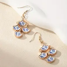 Blue & White Porcelain Pattern Layered Earrings