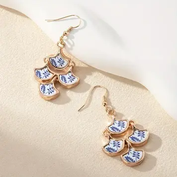 Blue & White Porcelain Pattern Layered Earrings