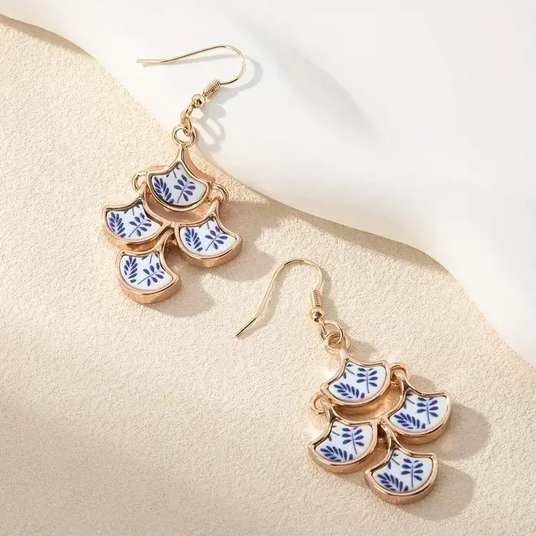 Blue & White Porcelain Pattern Layered Earrings