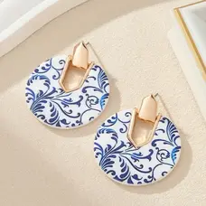 Blue and White Porcelain-Style Circle Earrings