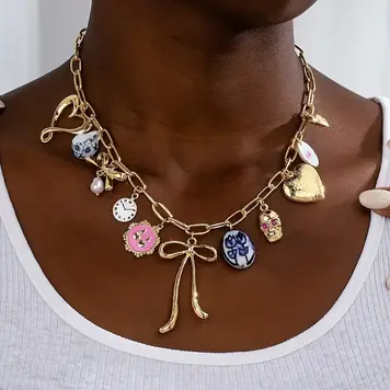 Bow with Pink and Blue Charms Necklace