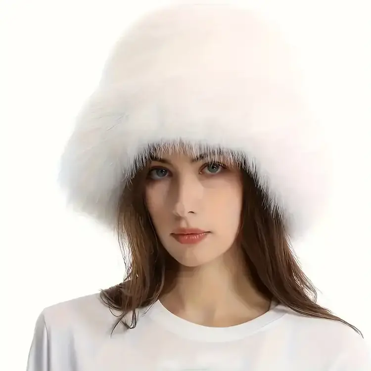 White Faux Fur Soft Winter Bucket Hat