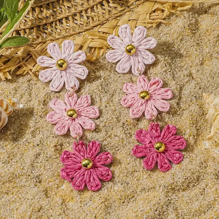 Raffia Flower Drop Earrings Pink