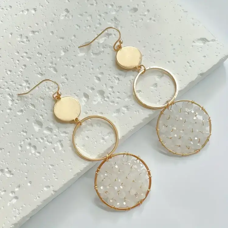 Beaded Layered Circle Drop Earrings White