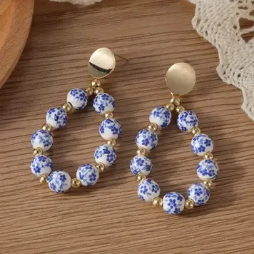 Blue and White Porcelain Circle Beads Earrings