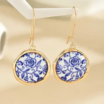 Vintage Blue and White Floral Style Circle Earrings