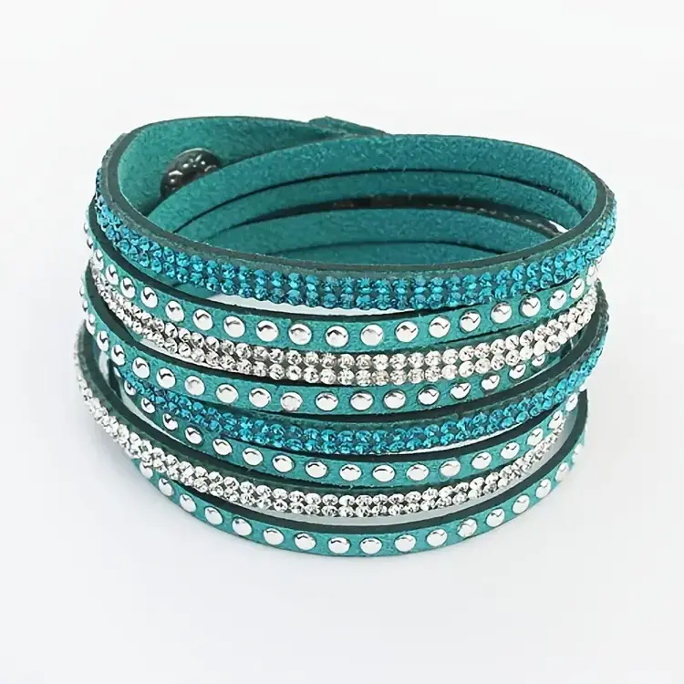 Teal - Multi layer Faux Leather Bracelet with Sparkling Rhinestones