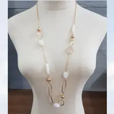 Gold & White Bead Long Chain Necklace
