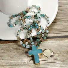 Bohemian Natural Stone Cross Pendant Necklace Blue