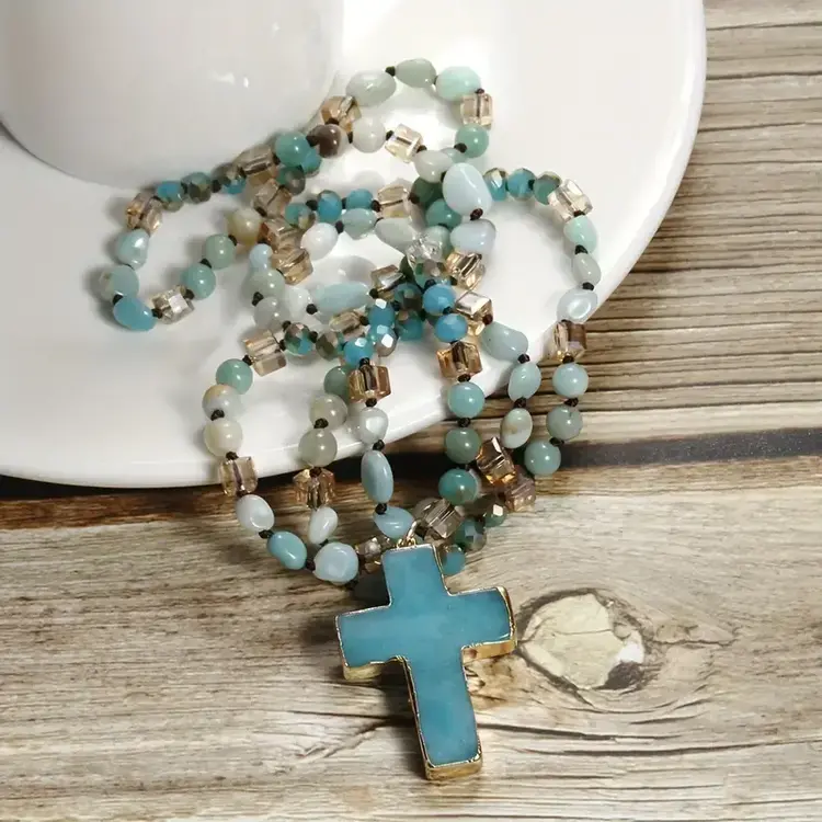 Bohemian Natural Stone Cross Pendant Necklace Blue