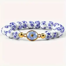 Ceramic Blue Flowers with Flower Resin Bracelet
