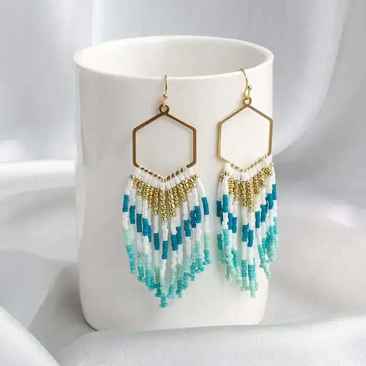 Turquoise & Gold Beaded Hexagon with Fringe Earrings
