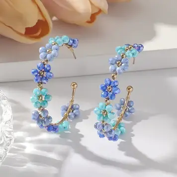 Blue and Purple Beaded Floral Hoop Earrings