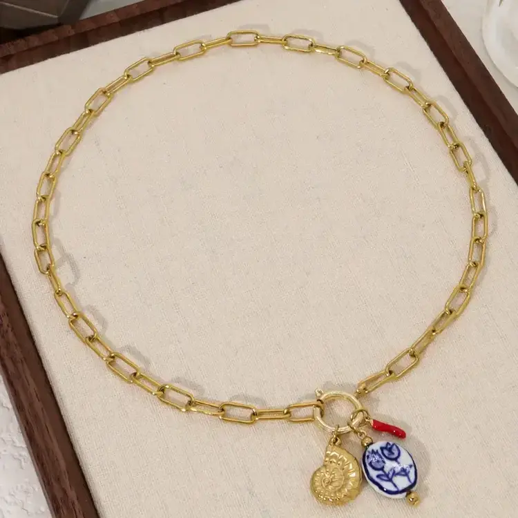 Ceramic Tulip, Vintage Conch, and Red Chili Charms Chain Necklace