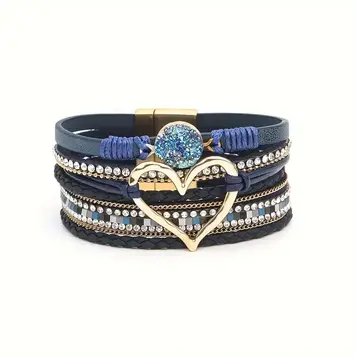 Bohemian Multi-Layer Faux Leather Heart Bracelet Blue