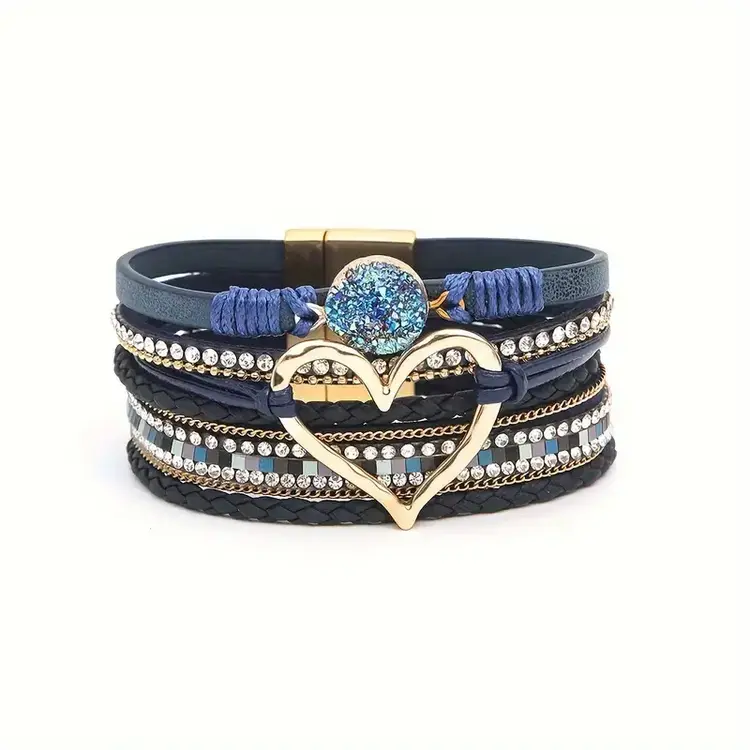 Bohemian Multi-Layer Faux Leather Heart Bracelet Blue