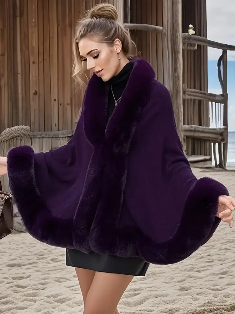 Elegant Faux Fur Cape Coat Purple