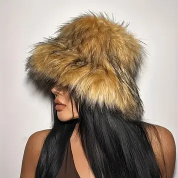 Plush Faux Fur Hat Brown with Black