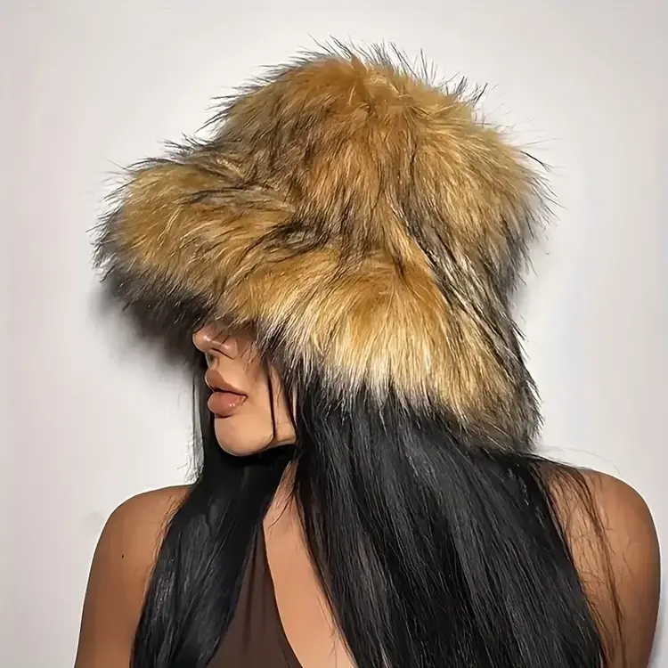 Plush Faux Fur Hat Brown with Black