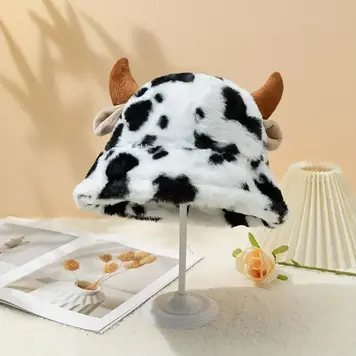 Cow Print with Horns Plush Hat