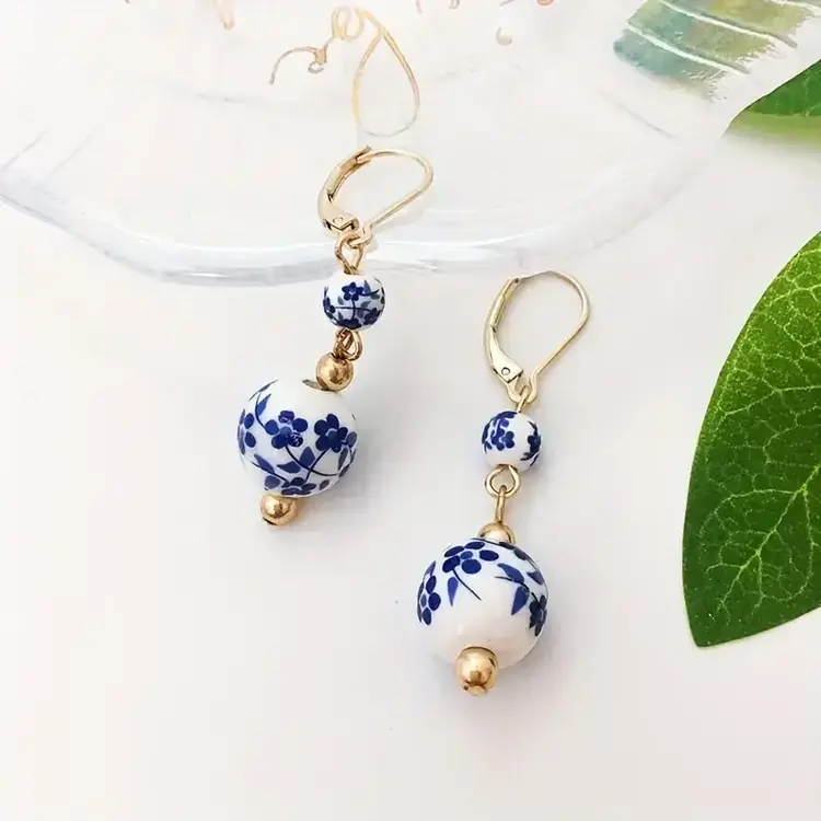 Blue and White Porcelain Bead Earrings