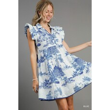 Umgee Two Tone Landscape Print Mini Dress with Ruffle Sleeves