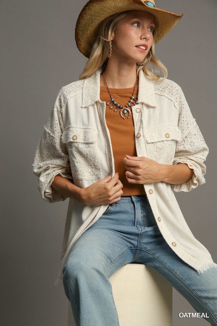 Umgee Linen Button Down Laced Top with Frayed Hem