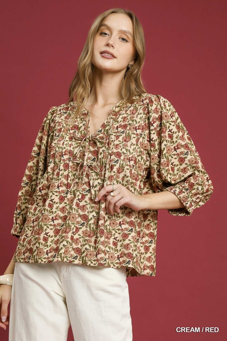Umgee Vintage Floral Pintuck Blouse