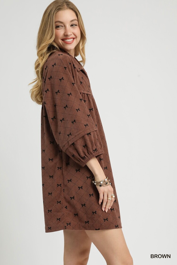 Umgee Corduroy Bow Print Babydoll Dress