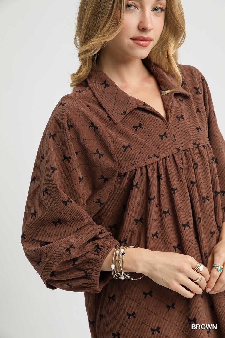 Umgee Corduroy Bow Print Babydoll Dress
