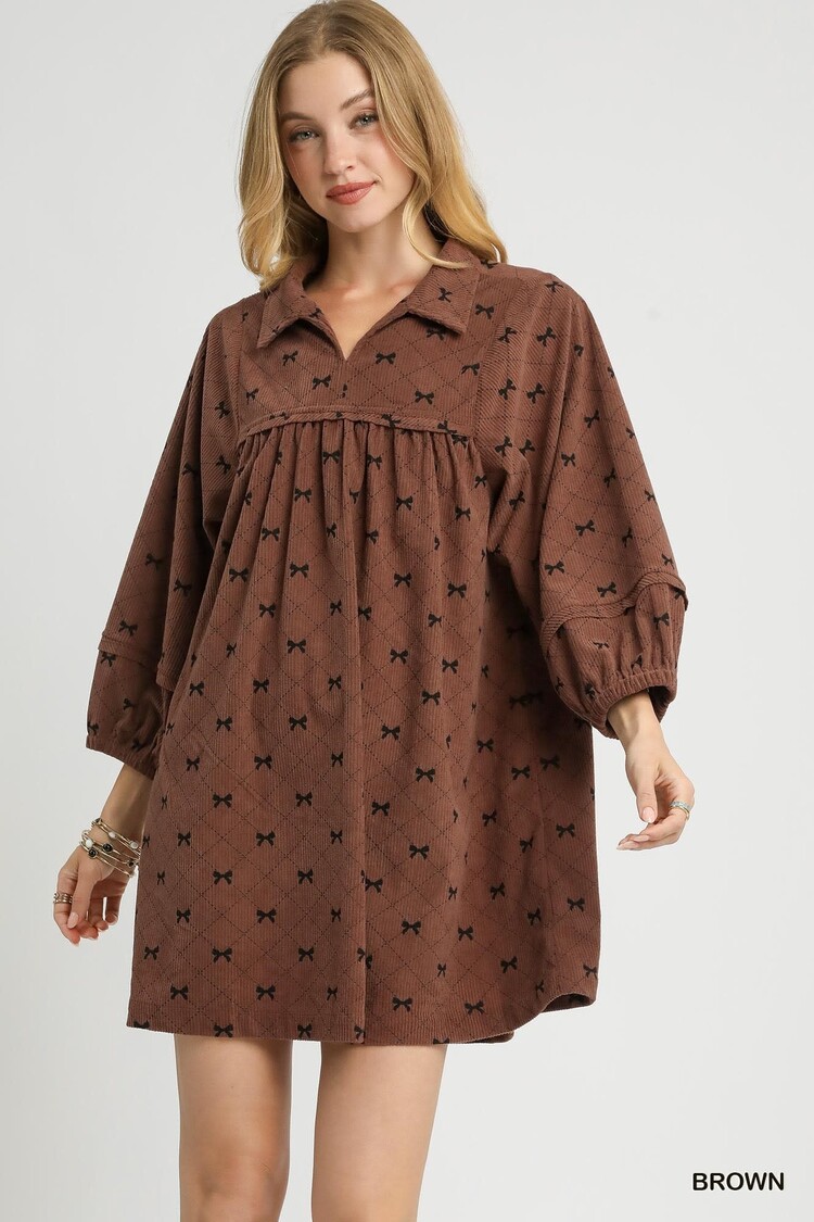 Umgee Corduroy Bow Print Babydoll Dress