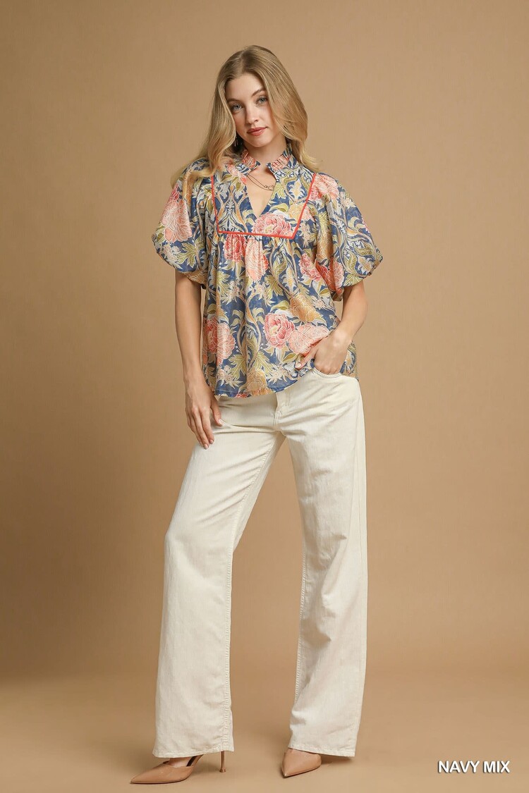 Umgee Floral Puff Sleeve Peasant Blouse