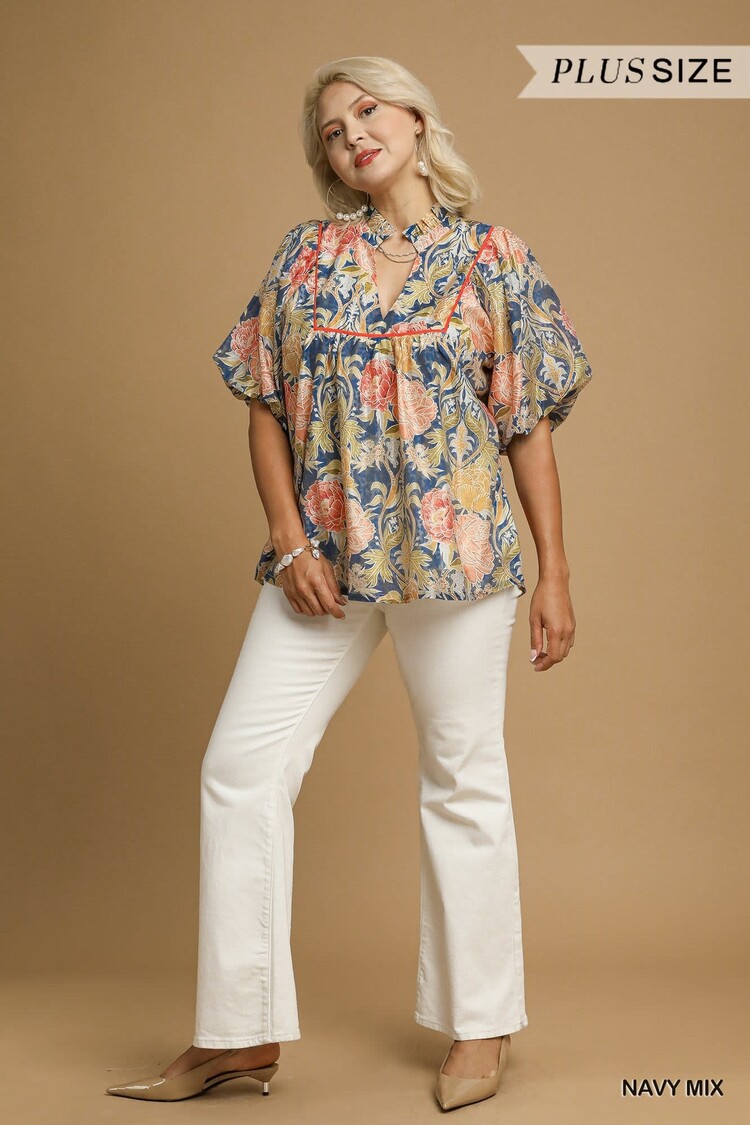 Umgee Floral Puff Sleeve Peasant Blouse