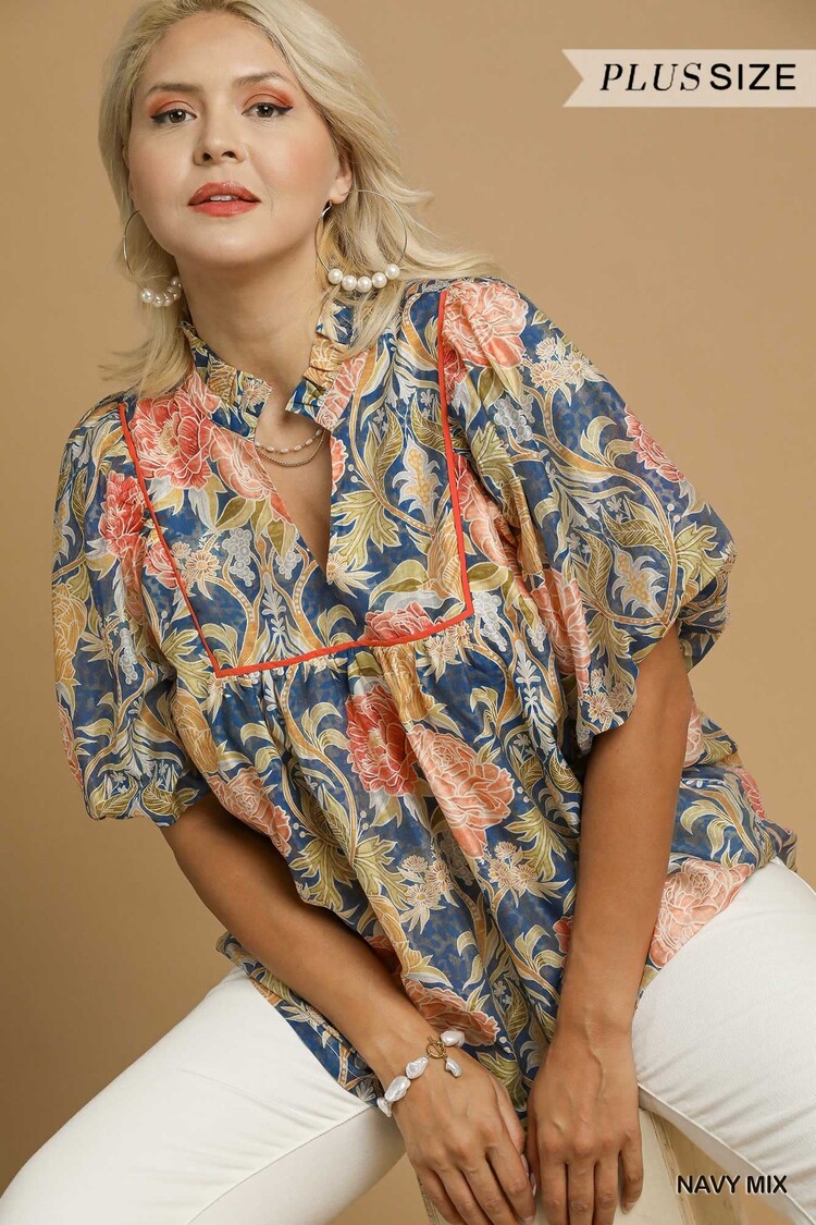 Umgee Floral Puff Sleeve Peasant Blouse