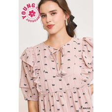 Umgee Ribbon Print Mini Dress with Piping Details