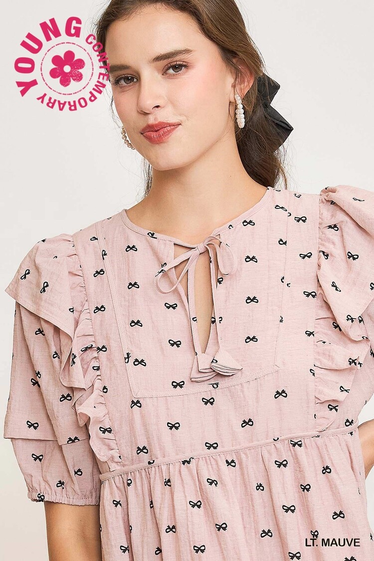 Umgee Ribbon Print Mini Dress with Piping Details